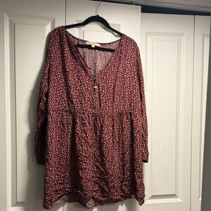 LOFT Red Floral Long Sleeve Dress